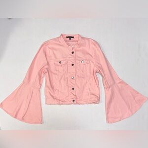 Romeo & Juliet Couture Women’s L Pink Distressed Denim Jacket Bell Sleeve Spring